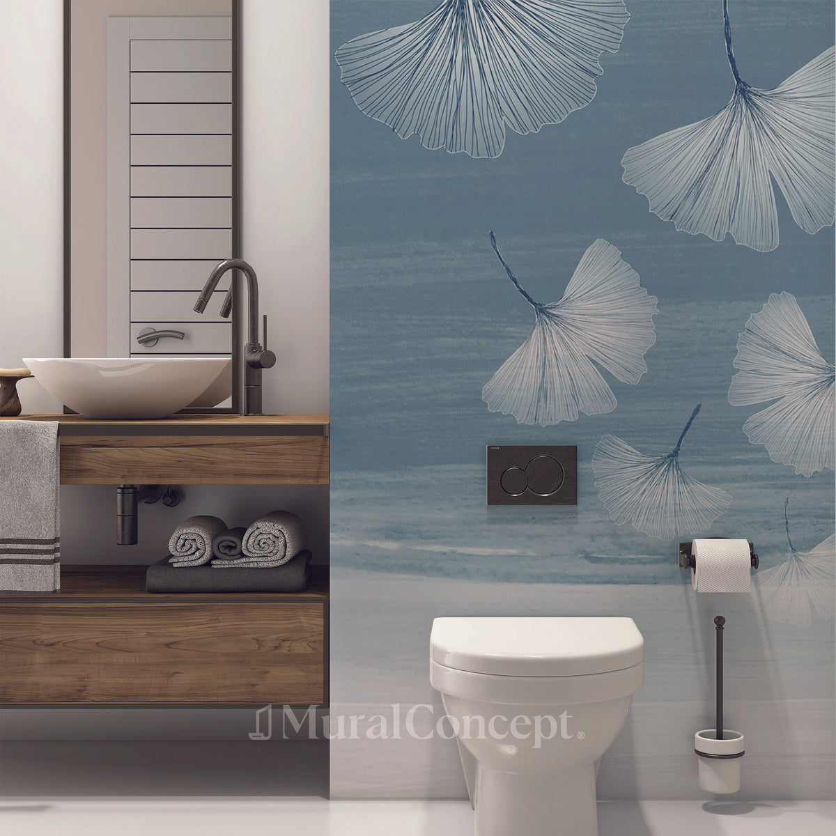 Papel pintado para baño con ginkgo azul japonés