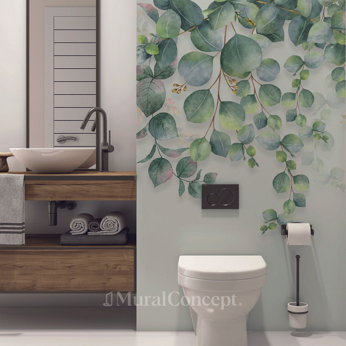 Papel pintado para baño con motivos naturales de plantas de eucalipto