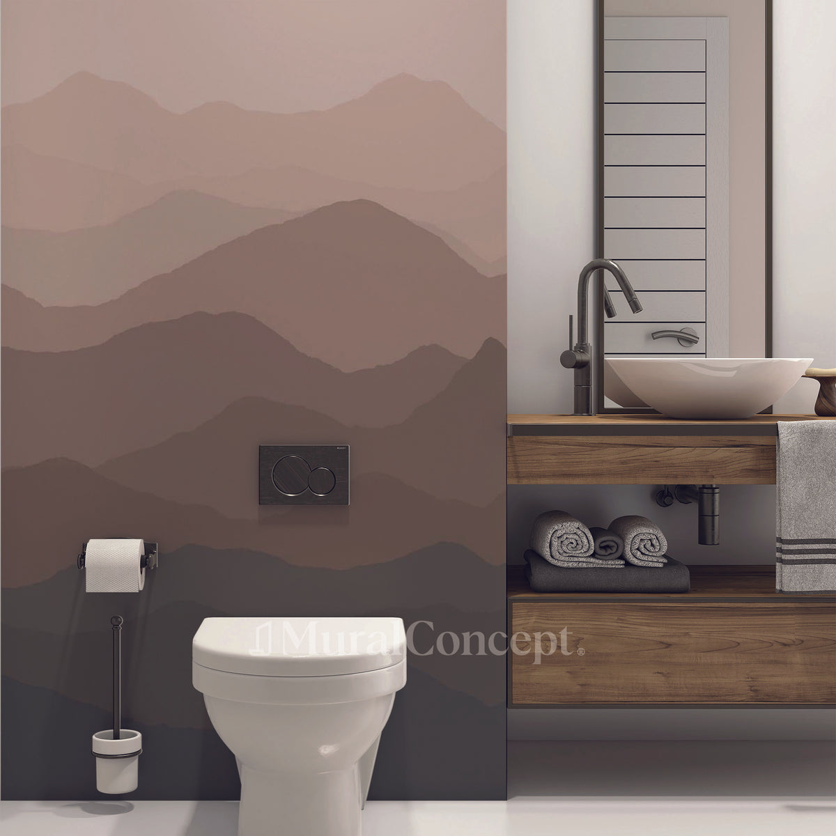 Papel pintado panorámico para baño con dunas de terracota