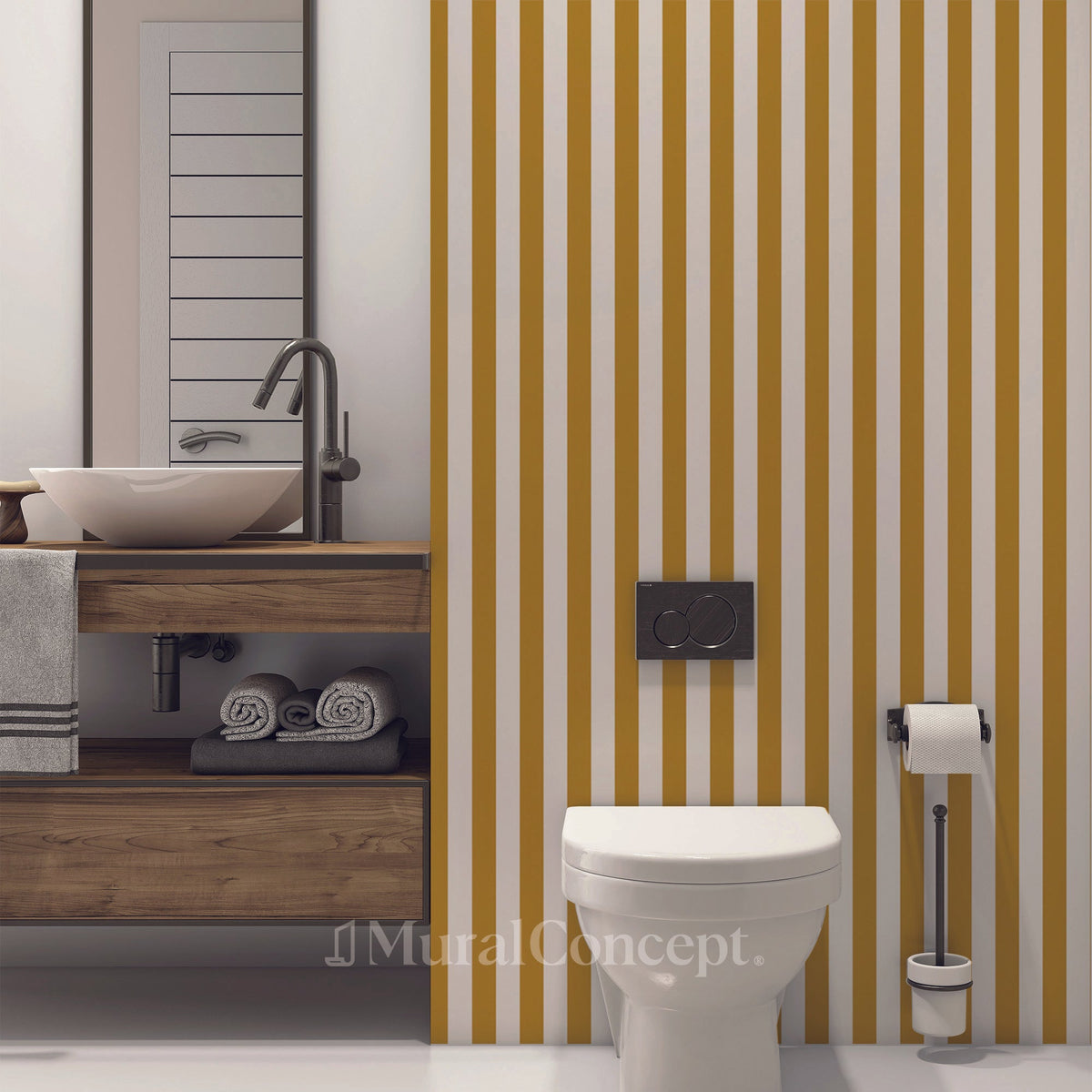 Papel pintado para baño con rayas retro de color amarillo mostaza