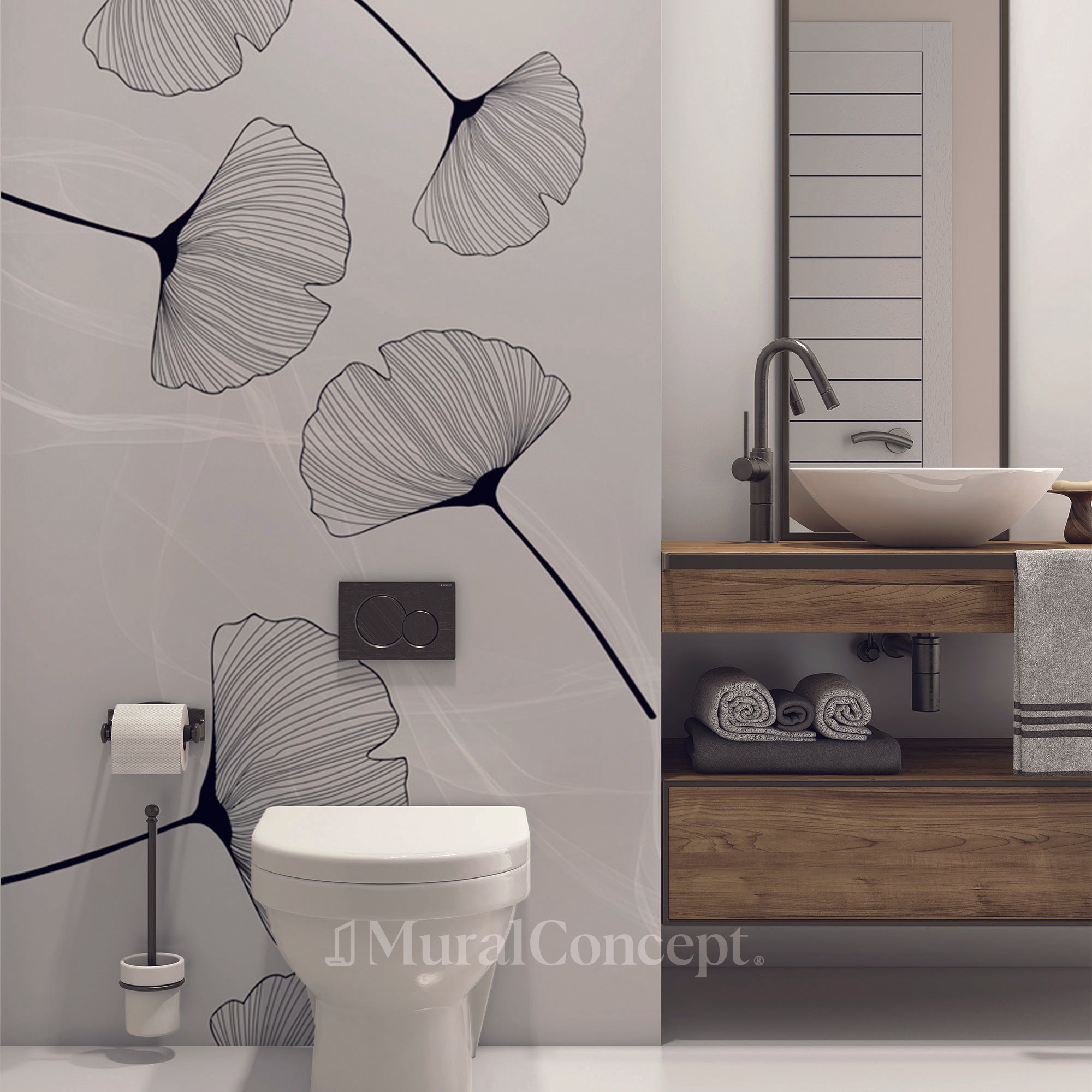 Papier peint wc tendance ginkgo noir - panoramique sur mesure francais - muralconcept