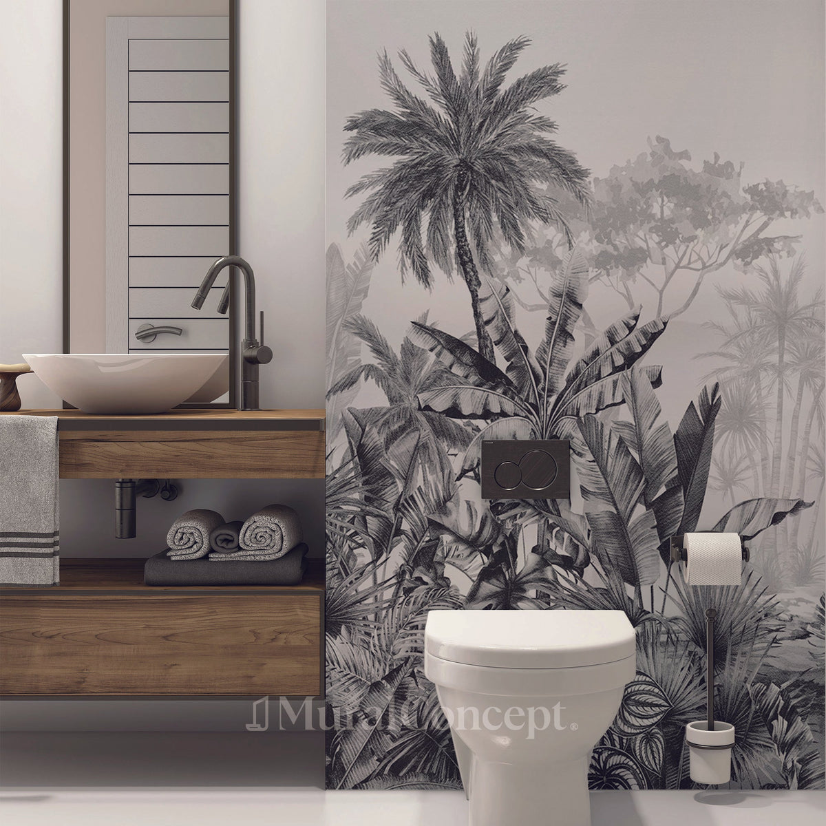 Papel pintado de baño moderno con motivos tropicales en blanco y negro