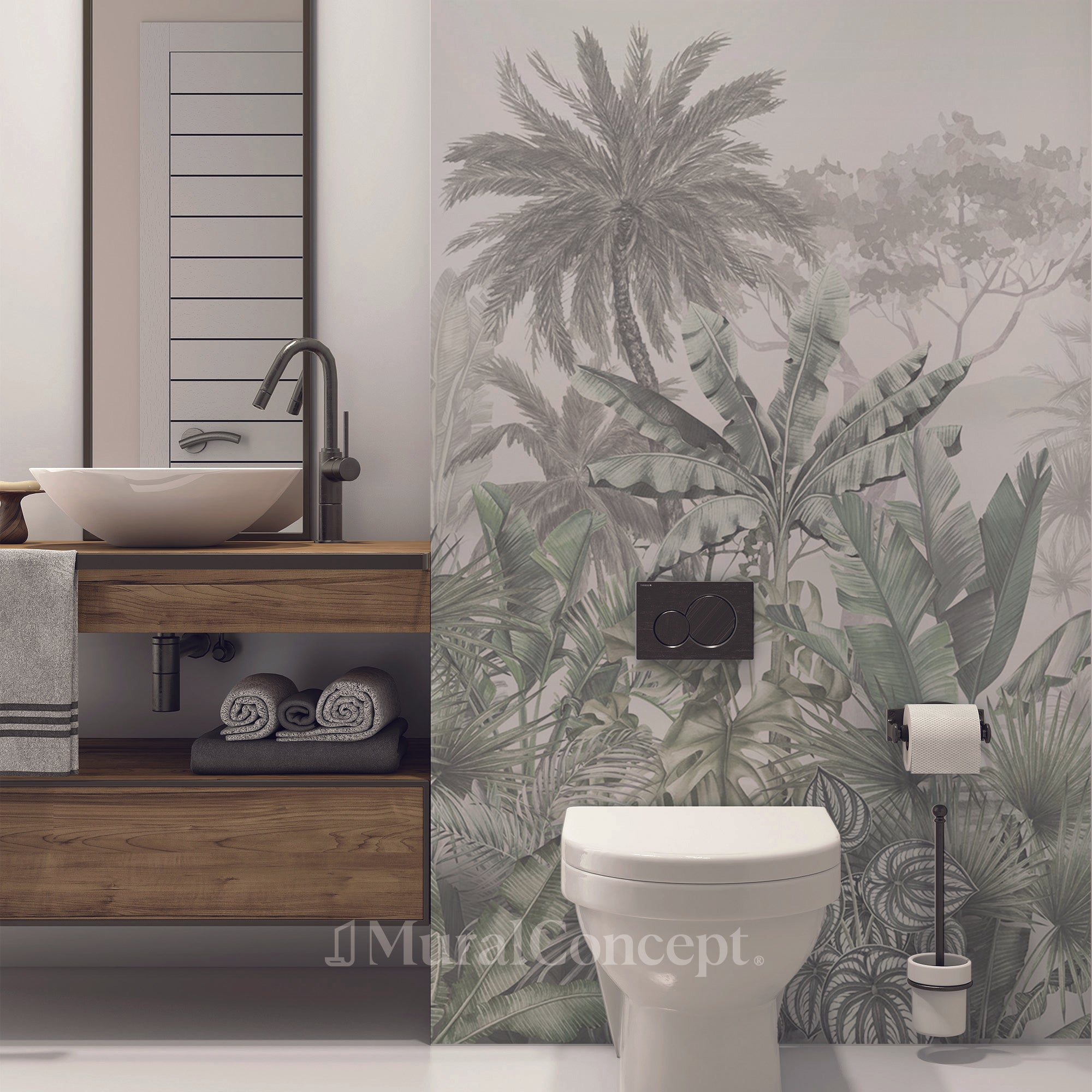 Papier peint wc tendance tropical vert - panoramique sur mesure francais - muralconcept