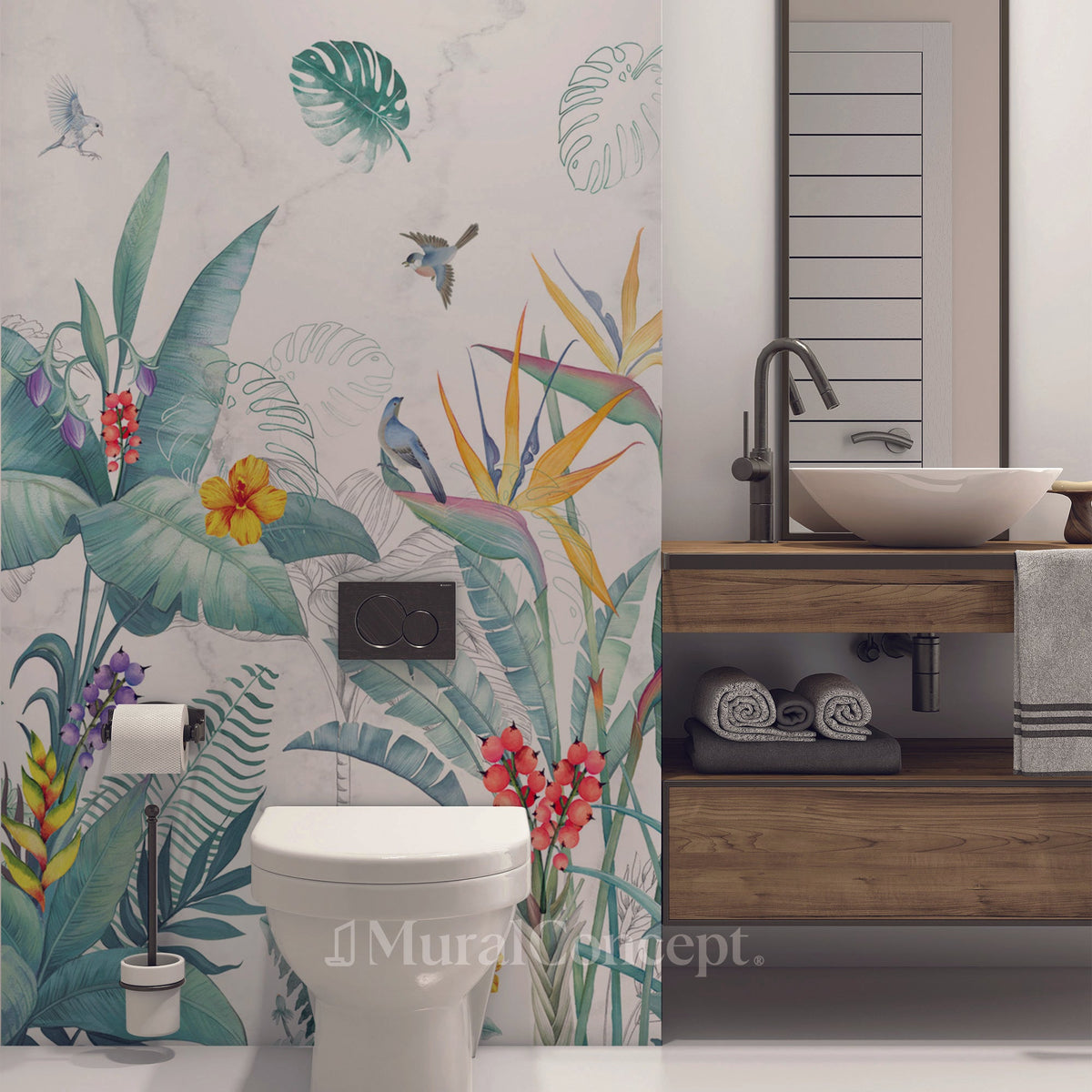 Papel pintado para baño con motivos vegetales y pájaros