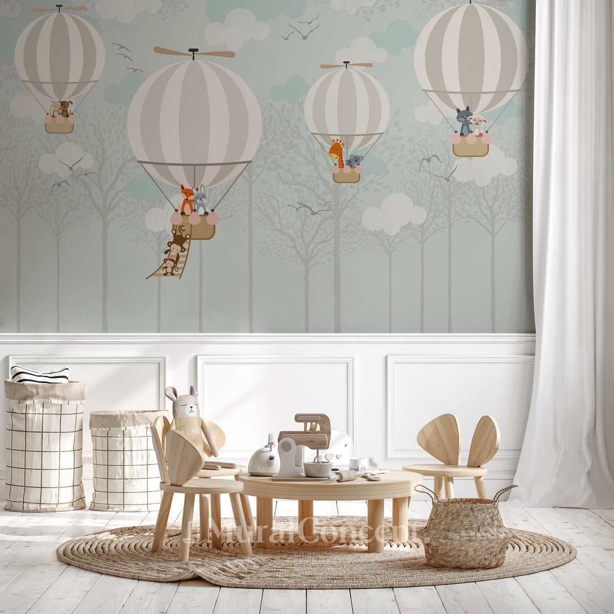 Papel pintado infantil Globo aerostático nórdico