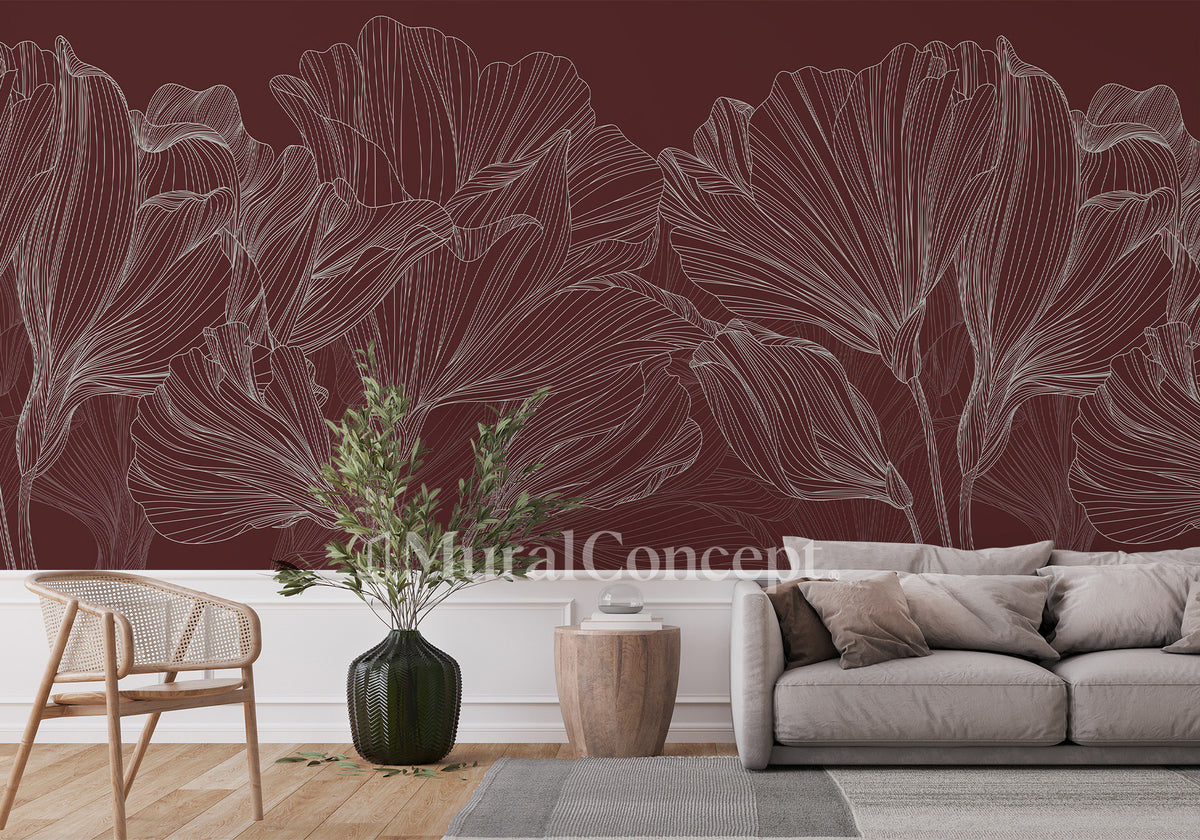 Papel pintado Vals panorámico de flores burdeos