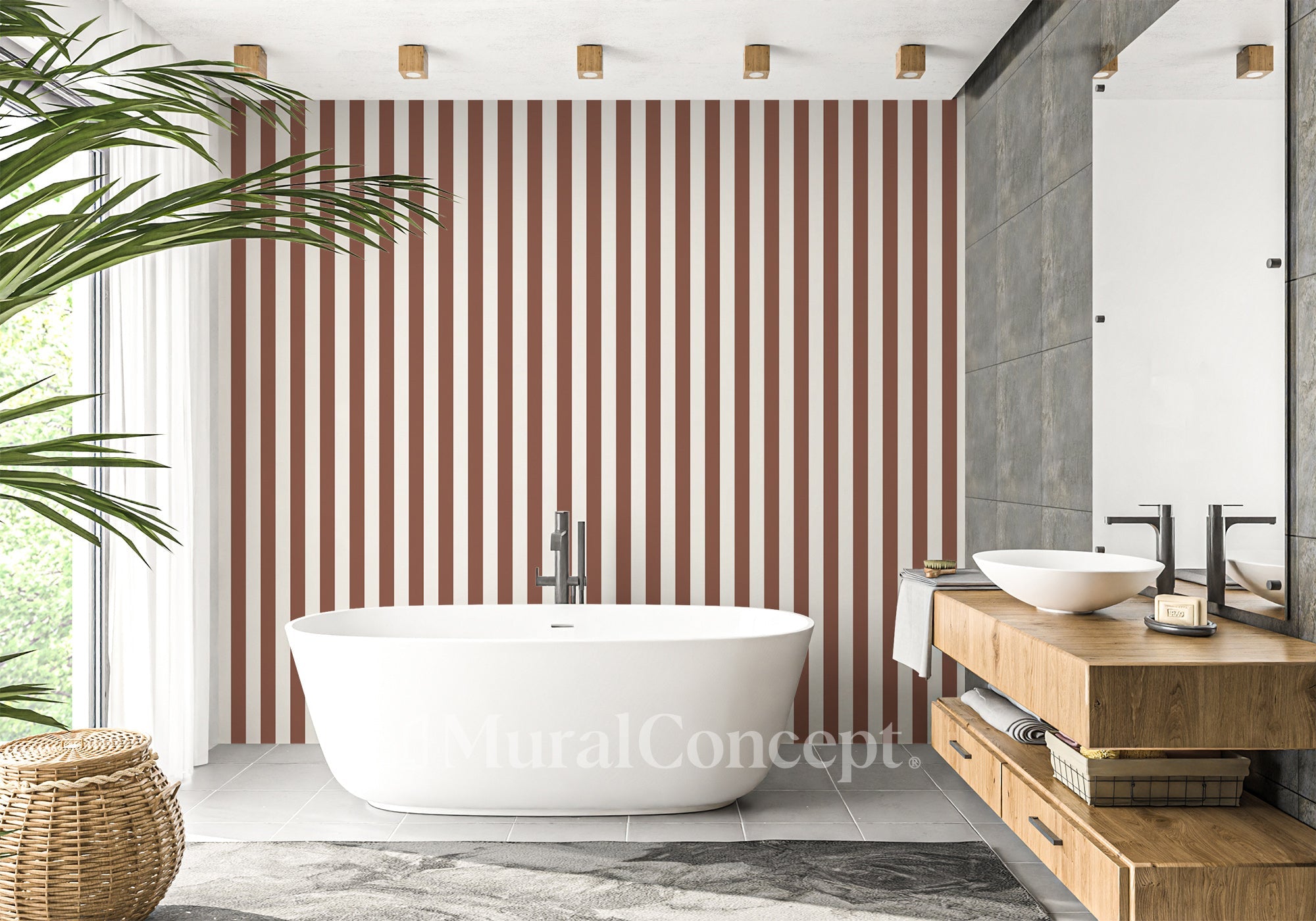 Papier peint salle de de bain rayure rétro vieux rose - panoramique sur mesure francais - muralconcept