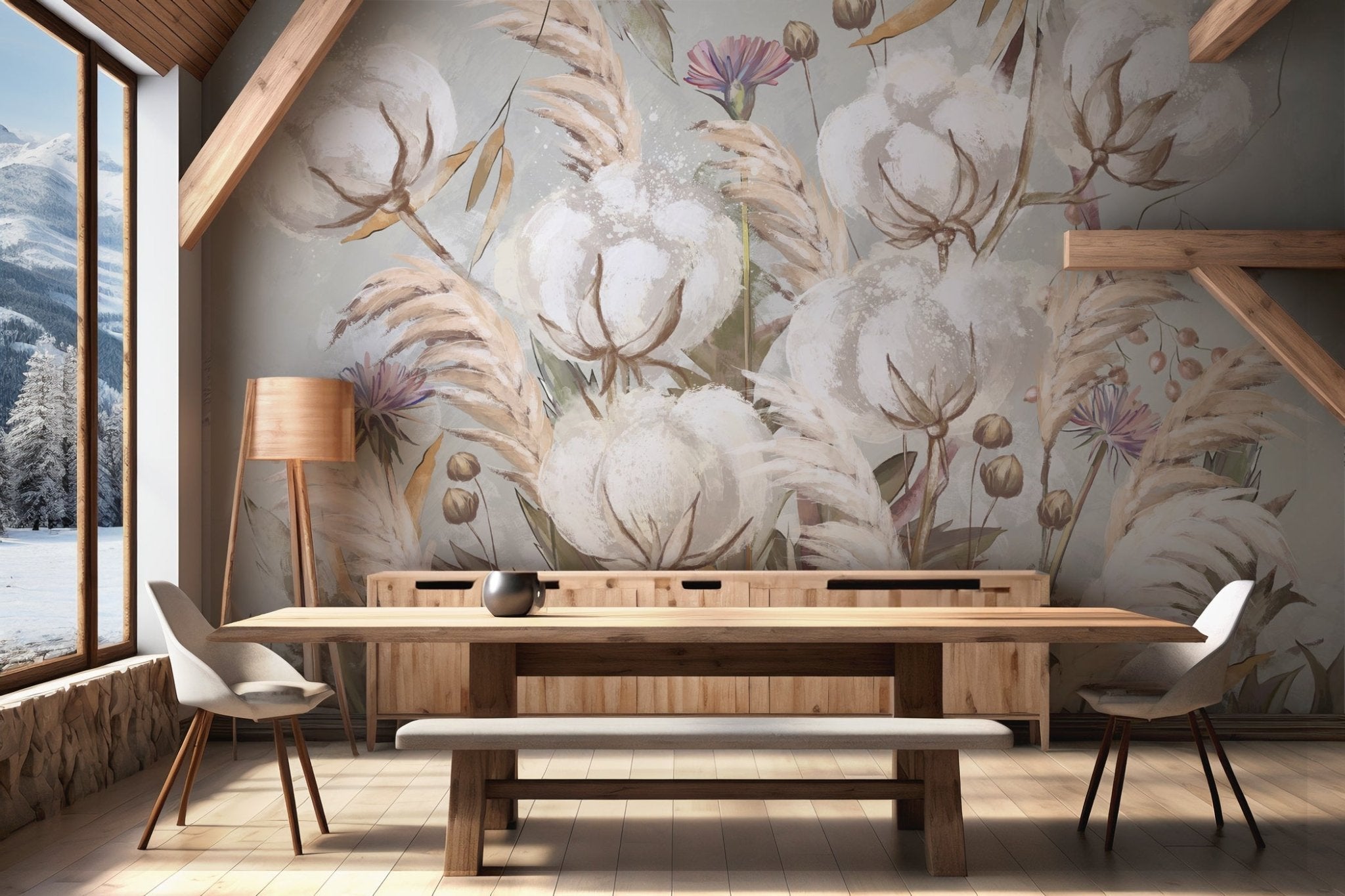 Papier peint panoramique fleur coton, mural concept, tendance